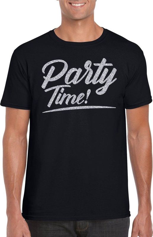 Bellatio Decorations Verkleed T-shirt voor heren - party time - zwart - zilver glitter - carnaval