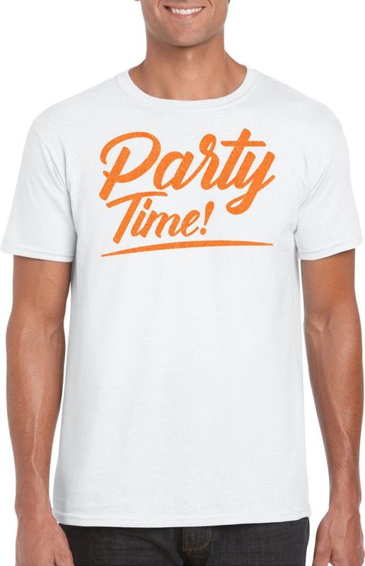 Bellatio Decorations Verkleed T-shirt voor heren - party time - wit - oranje glitter - carnaval