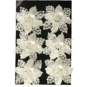 Gerimport Kerstboom bloemen op clip - 6x stuks - wit - kunststof - kerstornamenten