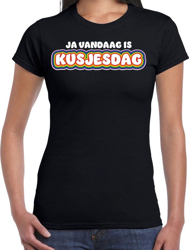 Bellatio Decorations Gay Pride T-shirt voor dames - zwart - kusjesdag - regenboog - LHBTI