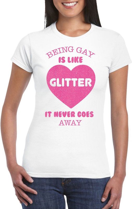 Bellatio Decorations Gay Pride T-shirt voor dames - being gay is like glitter - wit roze - LHBTI