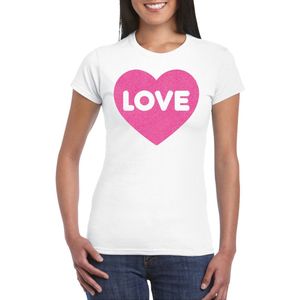 Bellatio Decorations Gay Pride T-shirt voor dames - liefde love - wit - roze glitter hart - LHBTI