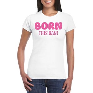 Bellatio Decorations Gay Pride T-shirt voor dames - born this gay - wit - roze glitter - LHBTI
