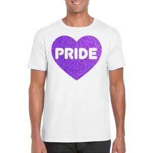 Bellatio Decorations Gay Pride T-shirt voor heren - pride - paars glitter hartje - wit - LHBTI