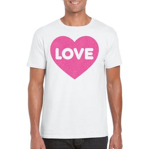 Bellatio Decorations Gay Pride T-shirt voor heren - liefde love - wit - roze glitter hart - LHBTI