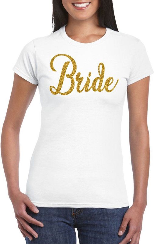 Bellatio Decorations Vrijgezellenfeest T-shirt voor dames - bride - wit - gouden glitter - bruiloft
