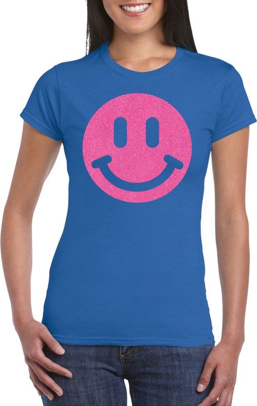 Bellatio Decorations - Verkleed T-shirt - Blauw - Smile Emoticon
