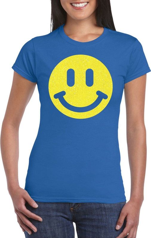 Bellatio Decorations - Verkleed T-shirt - Blauw - Smile Emoticon