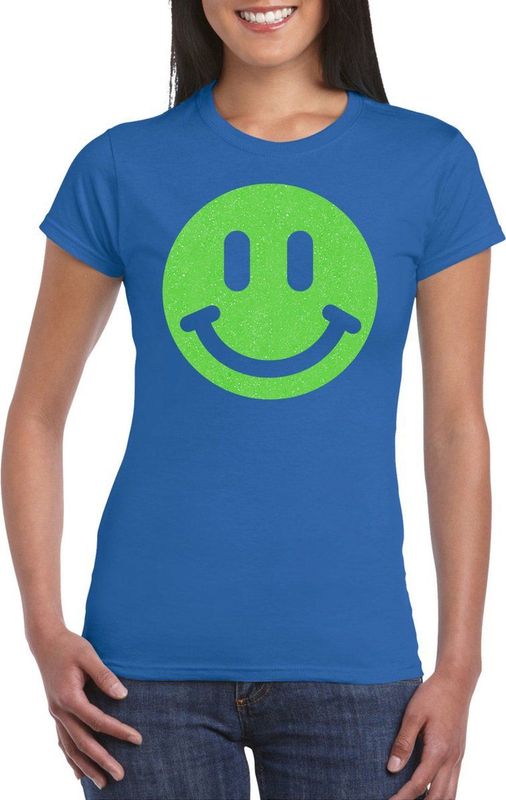 Bellatio Decorations - Verkleed T-shirt - Blauw - Smile Emoticon