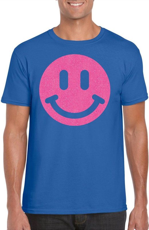 Bellatio Decorations - Verkleed T-shirt - Blauw - Smile Emoticon