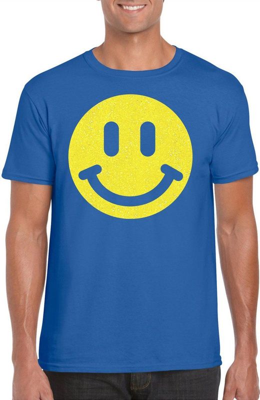 Bellatio Decorations - Verkleed T-shirt - Blauw - Smiley