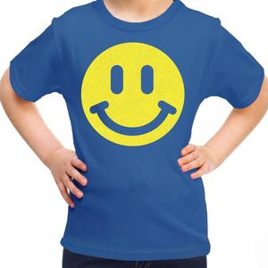 Bellatio Decorations - T-shirt - Blauw - Katoen - Glitter Geel Emoticon