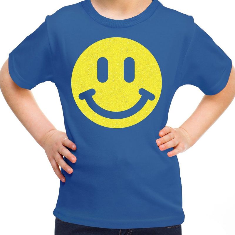 Bellatio Decorations - T-shirt - Blauw - Katoen - Glitter Geel Emoticon