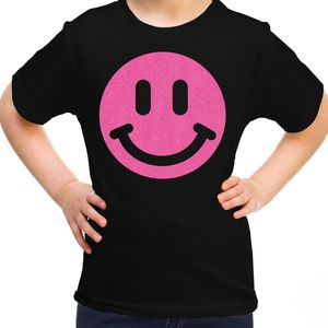Bellatio Decorations - T-shirt - Zwart - Katoen - Smile Emoticon Glitter Roze
