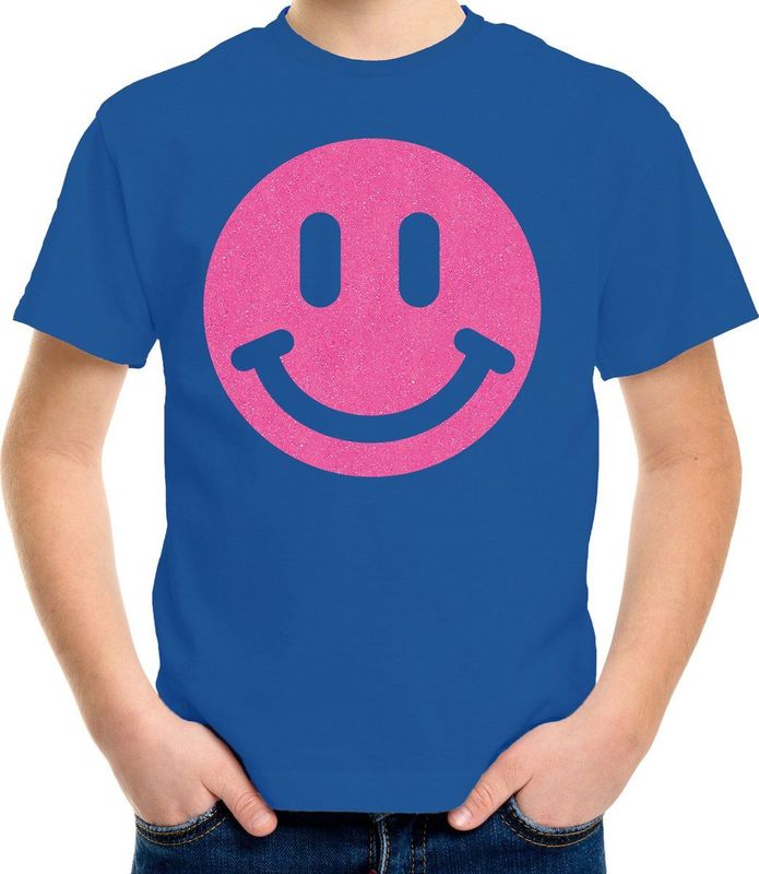 Bellatio Decorations T-shirt voor jongens - Smile Emoticon - blauw - kinderen 110 116