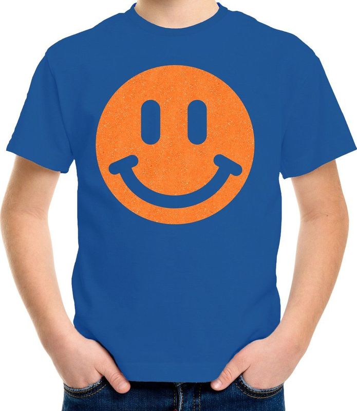 Bellatio Decorations - T-shirt - Blauw - Smile Emoticon - Kinderen