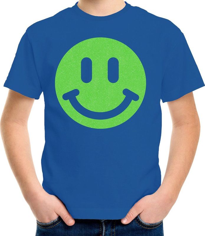 Bellatio Decorations - T-shirt - Blauw - Katoen - Glitter Groene Smile Emoticon