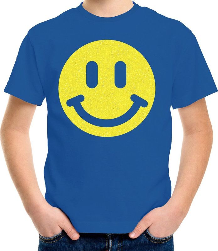 Bellatio Decorations - T-shirt - Blauw - Katoen - Smile Emoticon