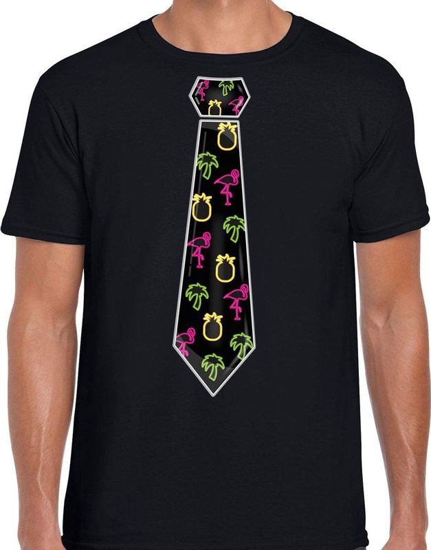 Bellatio Decorations Tropical party shirt heren - stropdas - zwart - neon - carnaval - themafeest