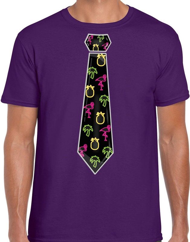 Bellatio Decorations Tropical party shirt heren - stropdas - paars - neon - carnaval - themafeest