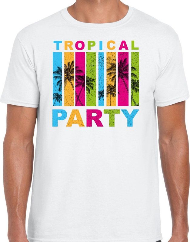 Tropical party Hawaii T-shirt heren - palmbomen - wit - carnaval themafeest
