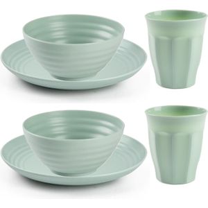 Plasticforte Camping Servies set - kunststof - mintgroen - 8x borden/8x drinkbekers/8x kommetjes - onbreekbaar
