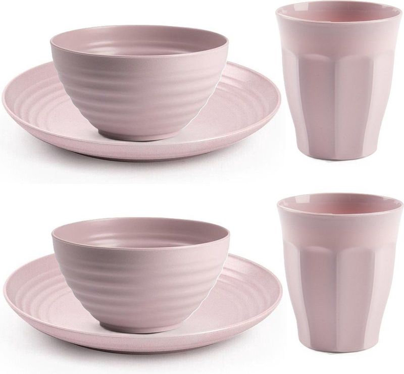 Plasticforte Camping Servies set 24 delig - kunststof - roze - 8x borden/8x drinkbekers/8x kommetjes - onbreekbaar