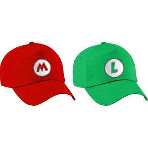 BD Game verkleed petten set - loodgieters Mario/Luigi - rood/groen - volwassenen - carnaval