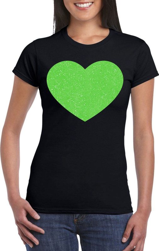 Bellatio Decorations Verkleed shirt voor dames - hart - zwart - groen glitter - carnaval themafeest