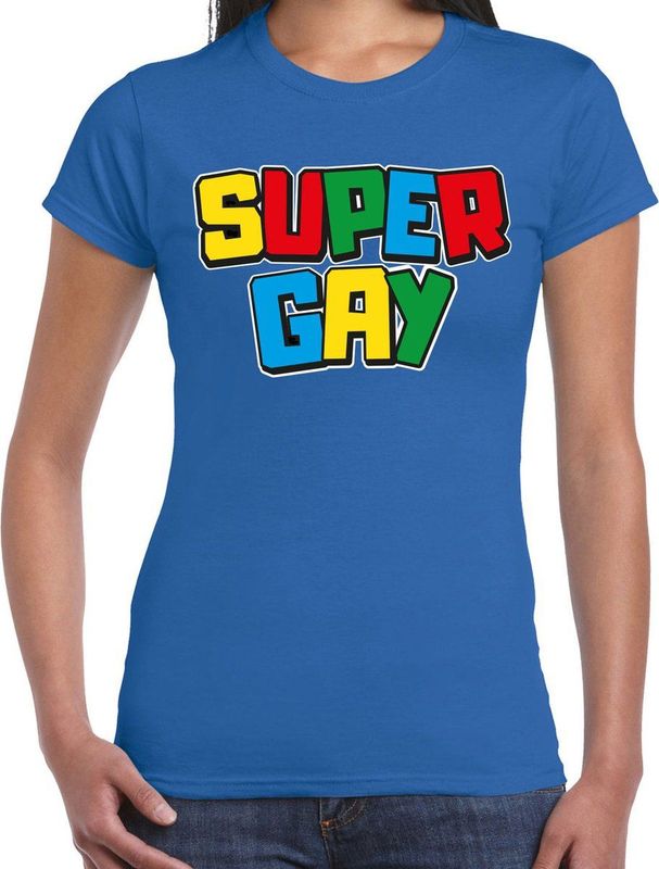 Bellatio Decorations Gay Pride T-shirt voor dames - super gay - blauw - pride - regenboog - LHBTI