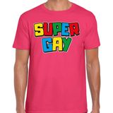 Bellatio Decorations Gay Pride T-shirt voor heren - super gay - fuchsia - pride - regenboog - LHBTI