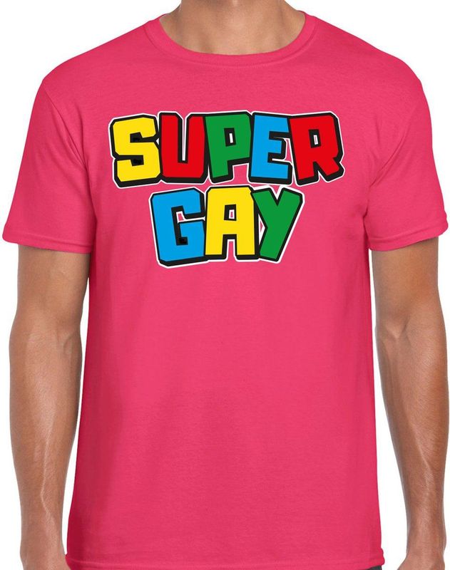 Bellatio Decorations Gay Pride T-shirt voor heren - super gay - fuchsia - pride - regenboog - LHBTI