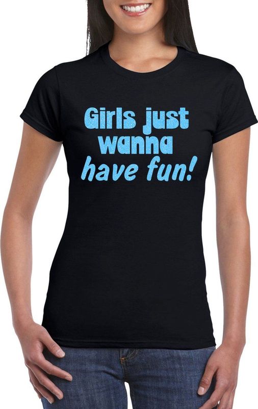 Bellatio Decorations Vrijgezellenfeest t-shirt dames - Girls - zwart - blauw glitter - foute party