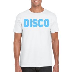 Bellatio Decorations Verkleed T-shirt heren - disco - wit - blauw glitter - jaren 70 80 - carnaval