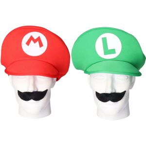 Loodgieter Mario en Luigi verkleed set - pet en snor - groen - gamer verkleed accessoires