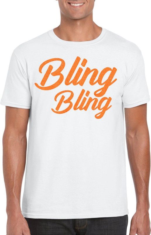 Bellatio Decorations Verkleed T-shirt heren - bling - wit - oranje glitter - carnaval themafeest