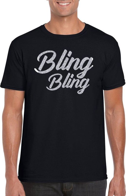 Bellatio Decorations Verkleed T-shirt heren - bling - zwart - zilver glitter - carnaval themafeest