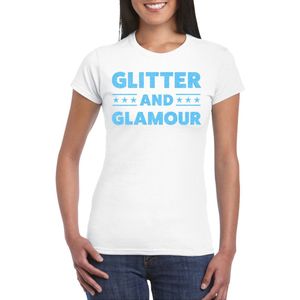 Bellatio Decorations Verkleed T-shirt dames - glitter and glamour - wit - blauw glitter - carnaval