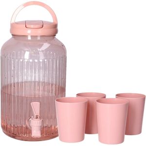 Drank dispenser/limonadetap - met tapkraantje - 3750 ml - roze - incl 4 bekers - H27 x D14 cm