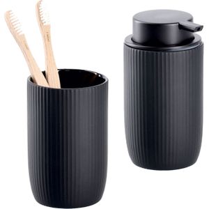 Badkamer/toilet set - 2x stuks - zwart - streep design - keramiek - Zeeppompjes