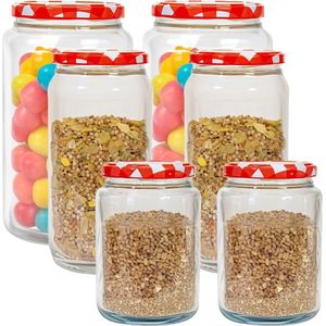 Hega Hogar Weckpotten/voorraadpotten set Classico - 6x stuks - 500/950/1500 ml - kunststof - rood - draaideksel
