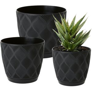 Form Plastic Plantenpot set New Age - 3x stuks - kunststof - zwart - met schotel - Plantenpotten