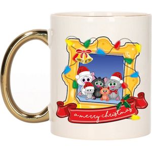 Kerst cadeau koffiemok - kerst katjes - goud - 300 ml - keramiek - Bekers