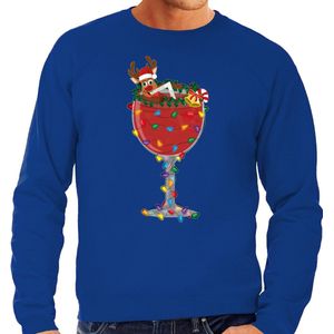 Bellatio Decorations - Foute Kersttrui - Blauw - Cocktailglas met Rudolf
