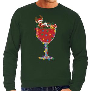 Bellatio Decorations Foute Kersttrui/sweater voor heren - cocktailglas met Rudolf - groen S