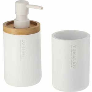 Tendance Badkamer accessoires set 2-delig - Polyresin/bamboe - wit - robuust - matte coating - Zeeppompjes