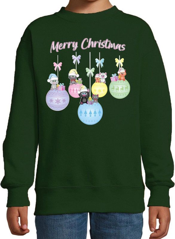 Bellatio Decorations - Kersttrui - Groen - Katoenmix - Met Poesjes en Kerstballen