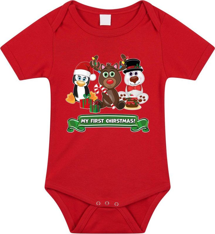 Bellatio Decorations - Rompertje - Rood - Diertjes - My First Christmas