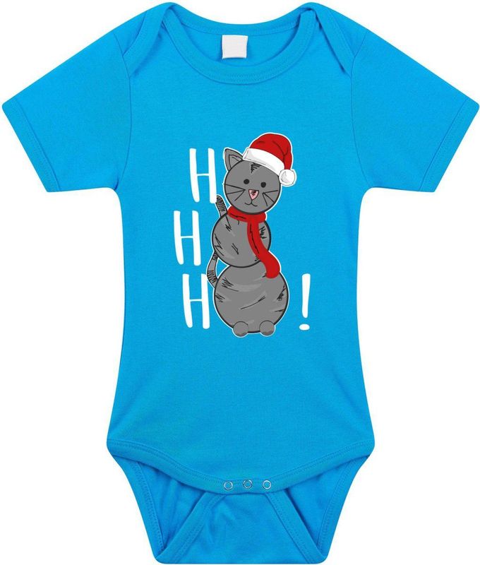 Bellatio Decorations - Kerst Baby Rompertje - Blauw - Sneeuwpop Kat - Hohoho