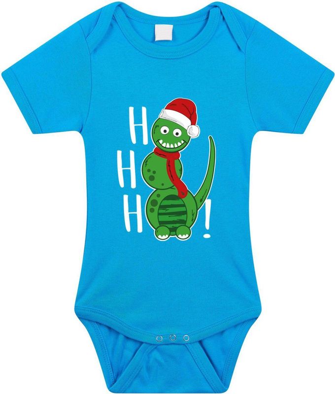 Bellatio Decorations - Kerst Baby Rompertje - Blauw - Sneeuwpop Dino - Hohoho - 80